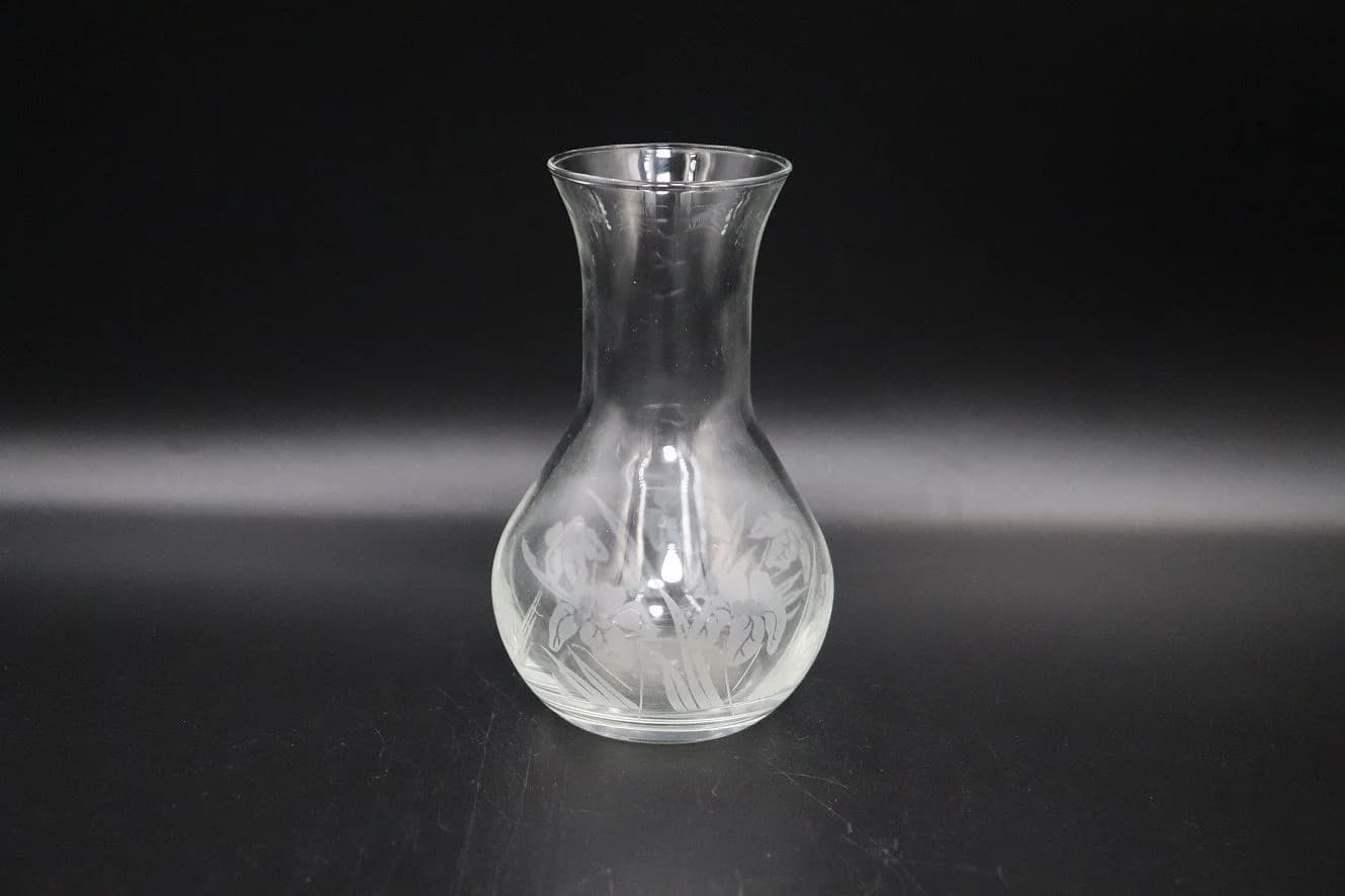 フラワーベース｜ガラス・1930年代 花菖蒲のエッチング 12.8cm