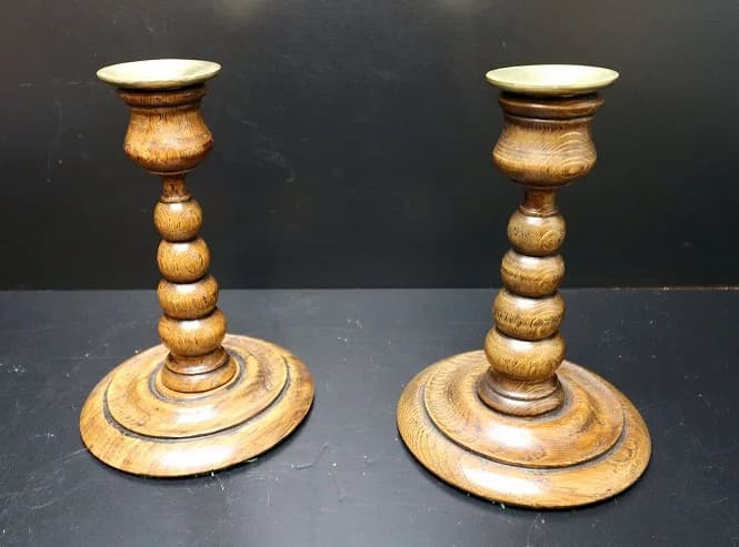 キャンドルスタンド ペア｜オーク材・1960年代 ろくろ挽きの2本組 16cm
