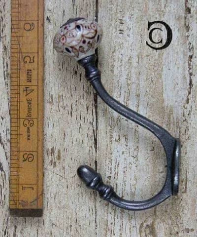 コートフック|アイアン 絵付けの陶器ノブ付き 15.2cm