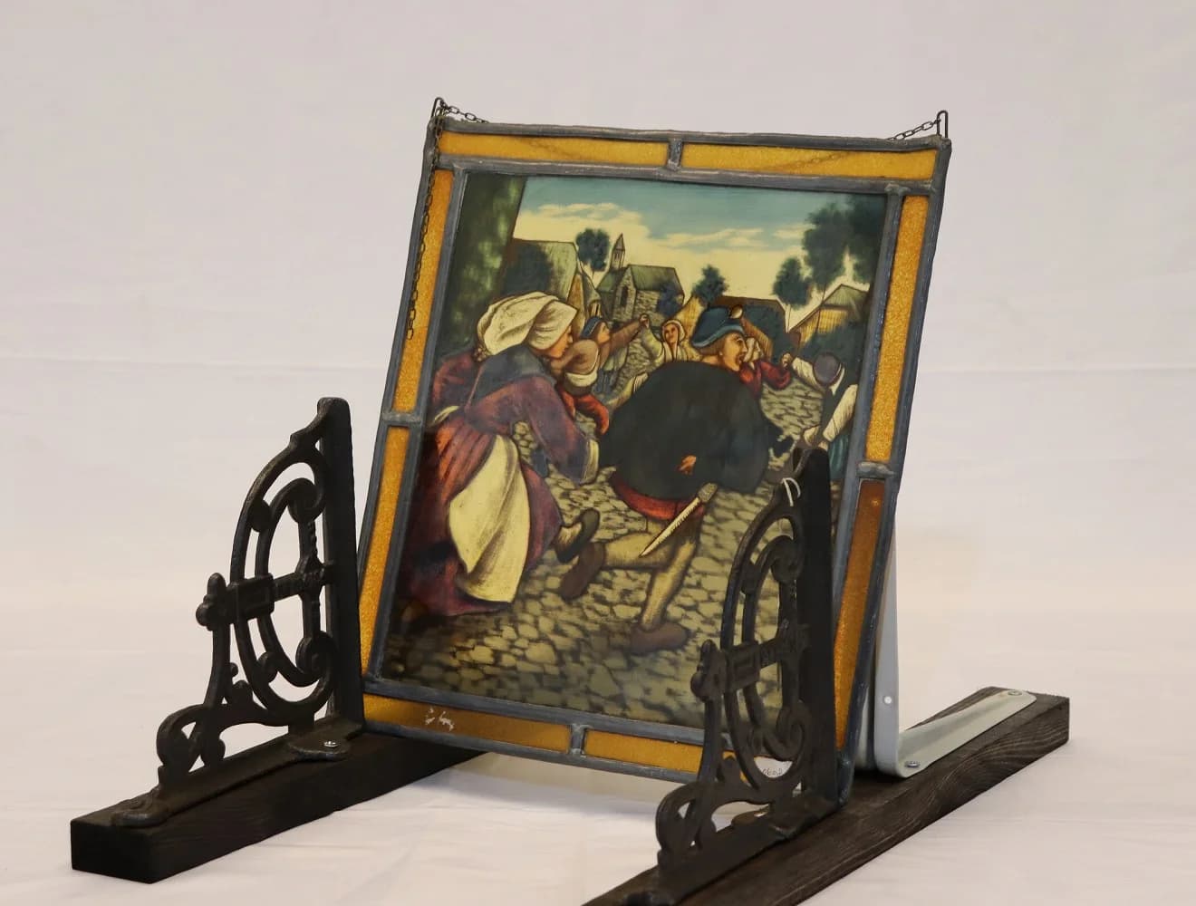 ステンドグラス｜1930年代 人物と馬車の絵付け 30×33cm