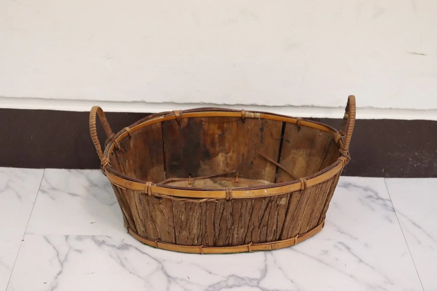 ウィッカーバスケット｜1950年代 たらい型の浅広 32cm