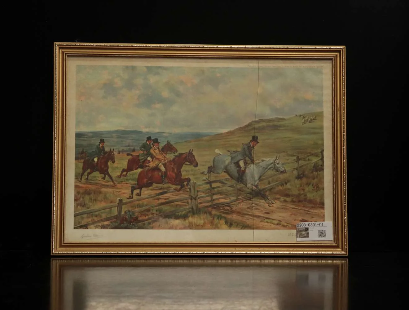 プリント｜木製額・1970年代 フェンスを跳ぶ馬と騎手 54×39cm