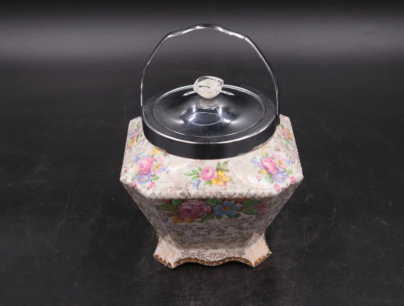 ティーキャディ｜陶器・1930年代 花柄と黒蓋 16cm