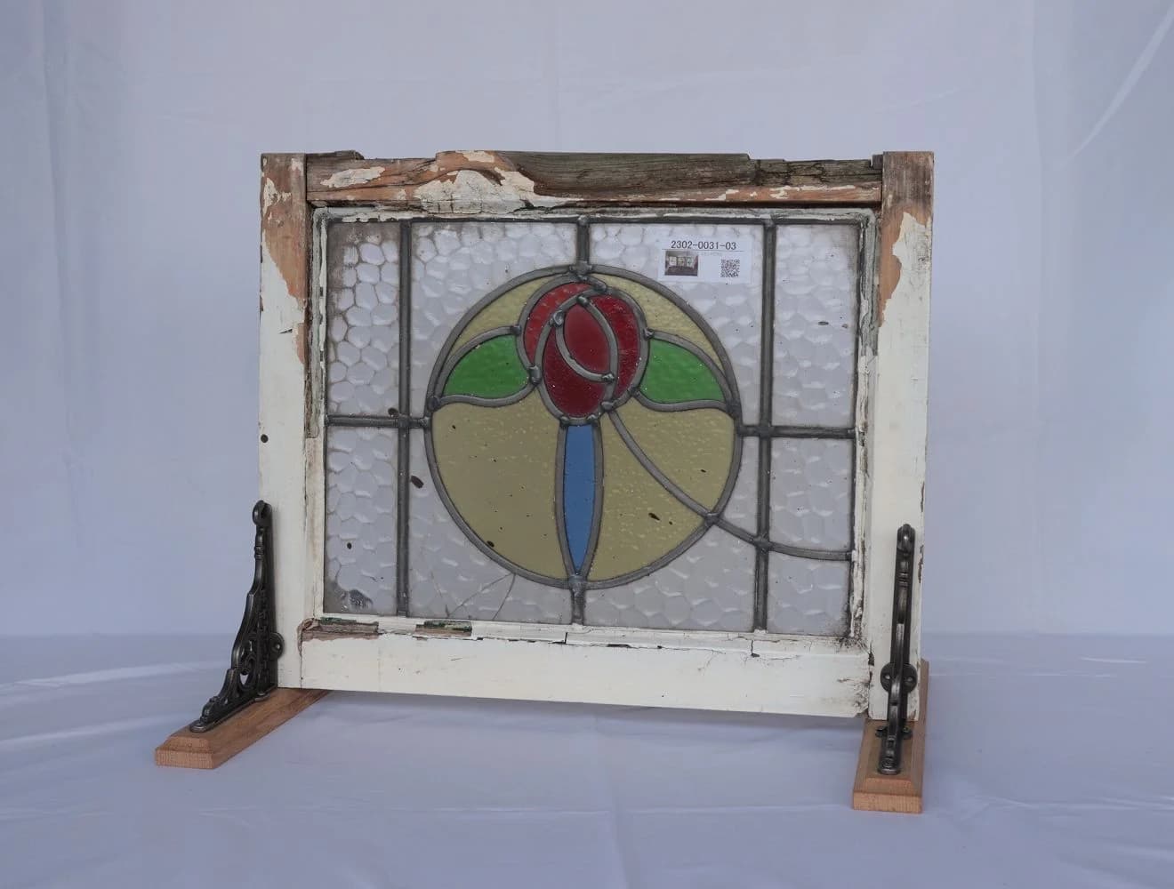 ステンドグラス｜1930年代 円のなかの赤い花 52×42cm