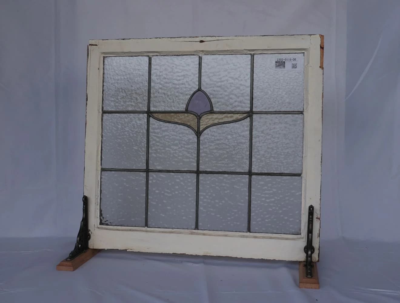 ステンドグラス｜1930年代 格子と紫の蕾・扇の葉 65×58.5cm