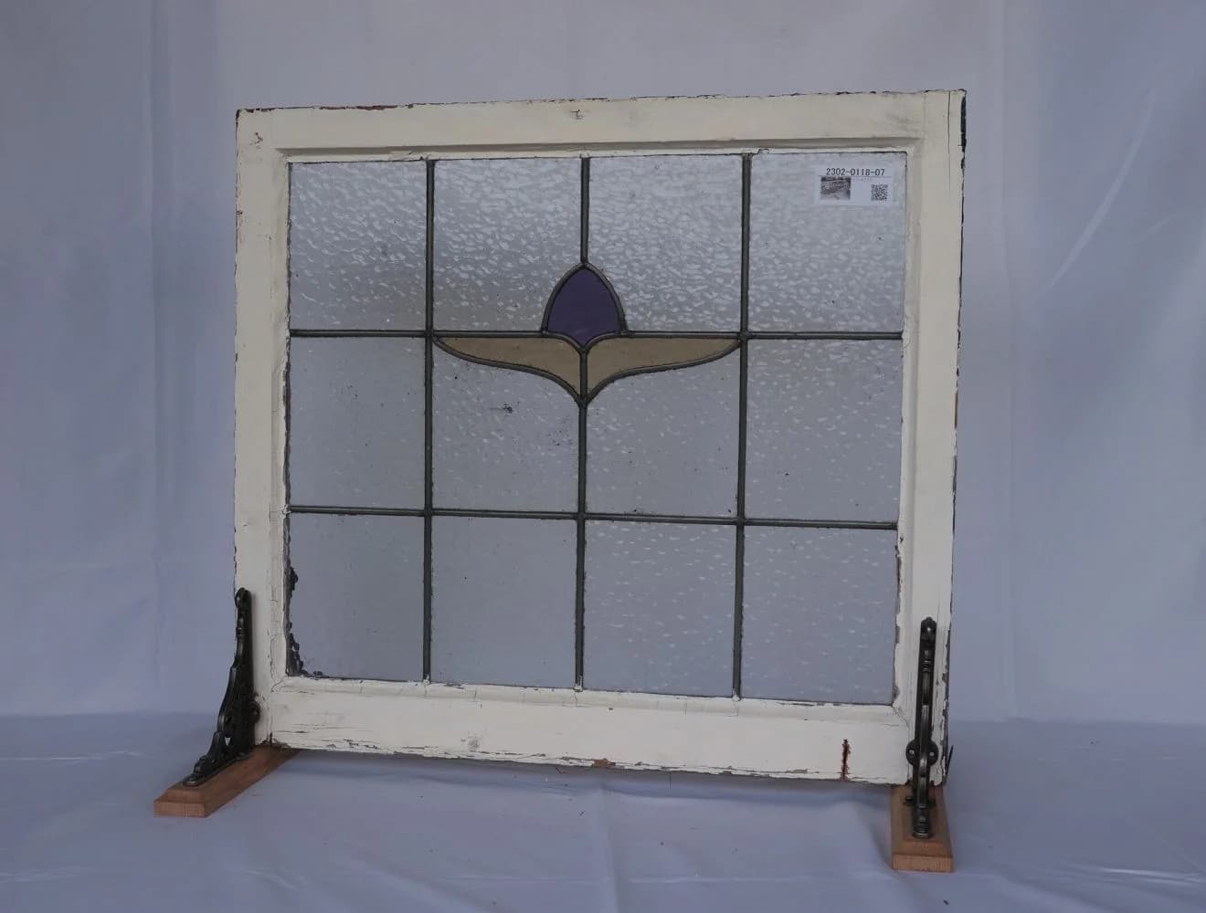 ステンドグラス|1930年代 格子と紫の蕾・扇の葉 65×58.5cm