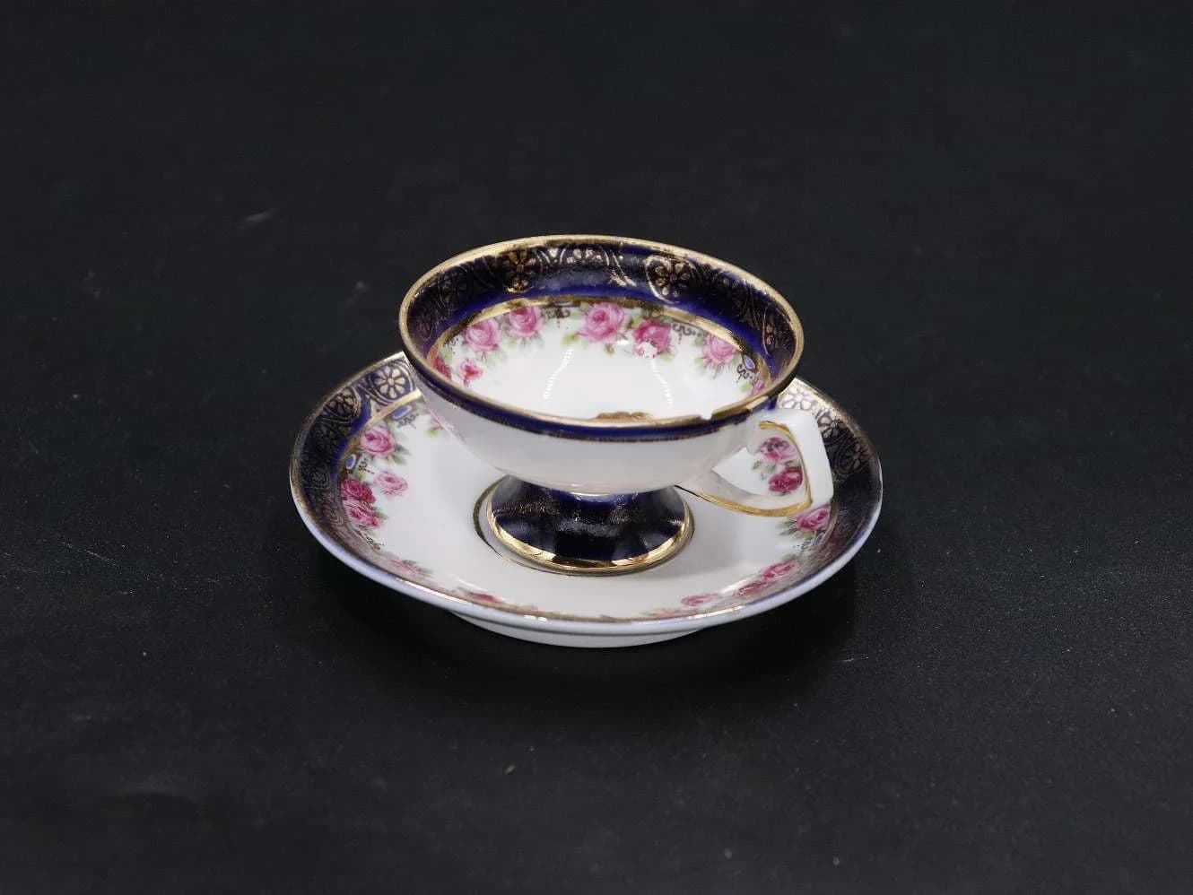 ミニカップ＆ソーサー｜紺と薔薇 内側に婦人像 Spode（スポード）