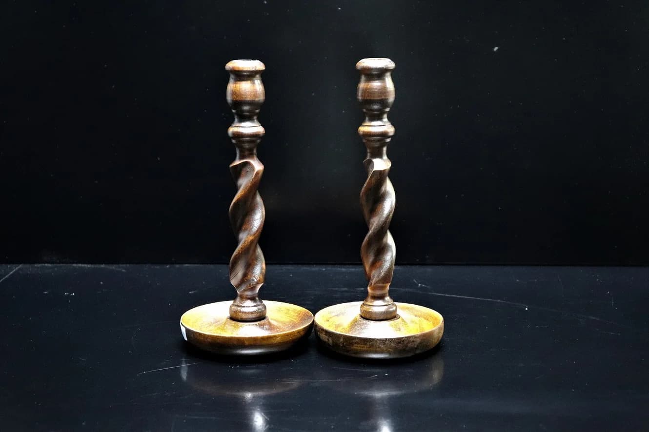 キャンドルスタンド|オーク材・1930年代 ねじり脚と真鍮台座のペア 27cm