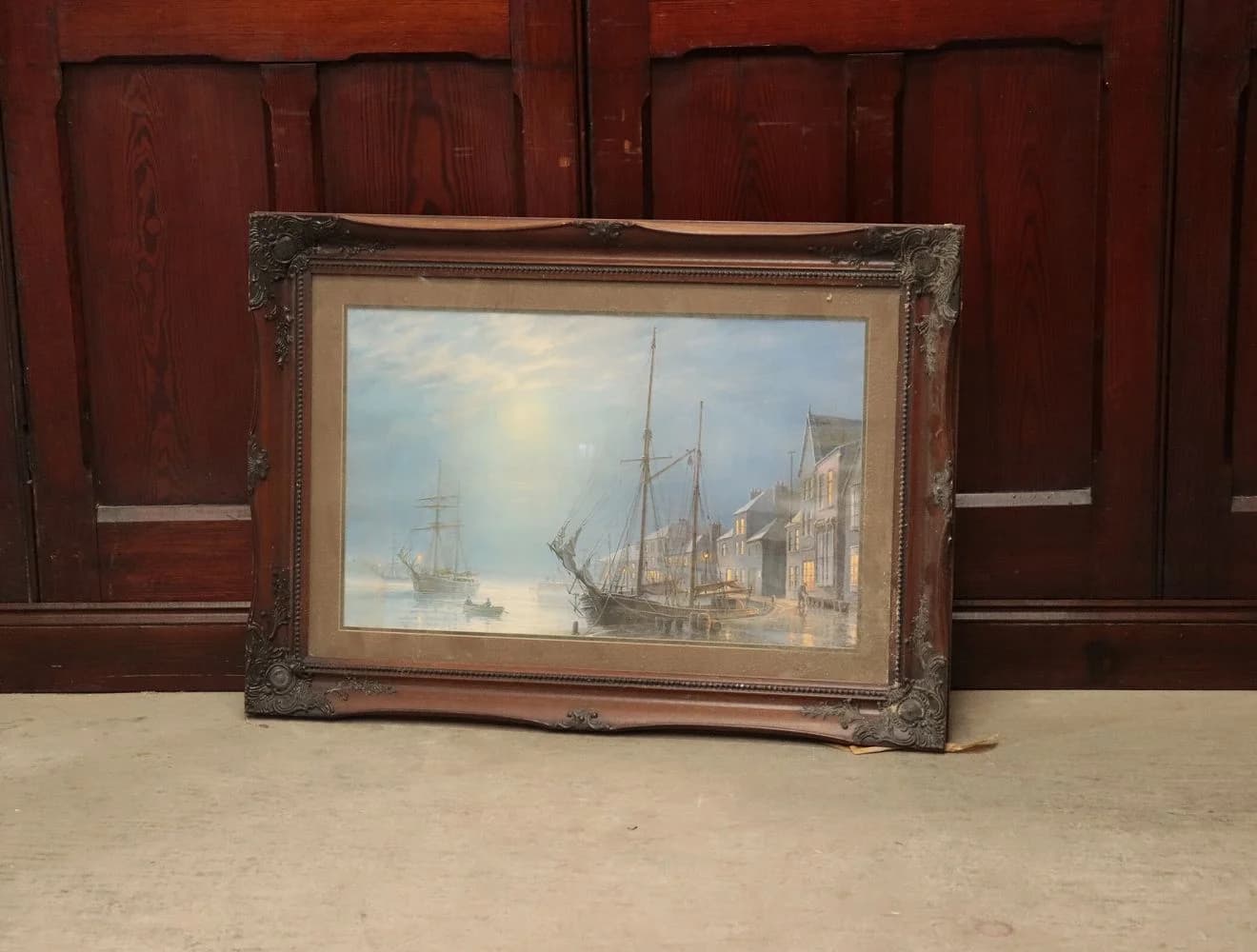 プリント|1930年代 夕暮れの港町と帆船 90×64.5cm